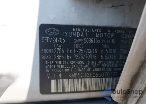 2006 Hyundai Santa Fe Gls/Limited z USA, uszkodzony, nr VIN KM8SC13E06U070172